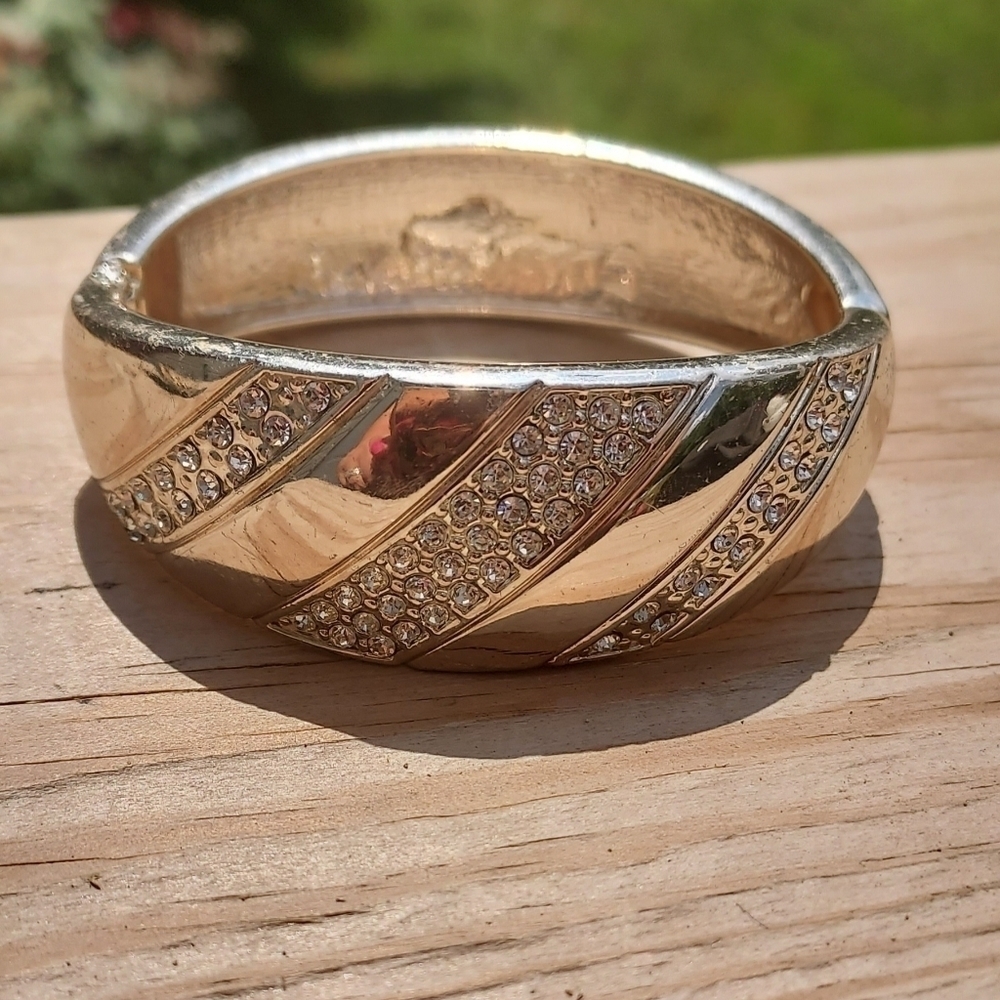 Wide Vintage Clamp Bracelet Silver Tone With Pave Crystals.